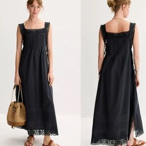 THE GREAT. The Attic Black Lace-Trim Square Neck Maxi Dress